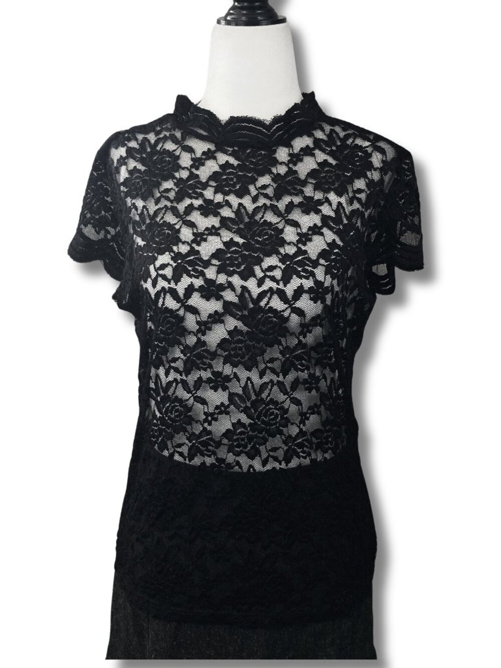REVAMPED Black floral mesh lace mock-neck cap sleeve top goth MEDIUM LARGE shirt